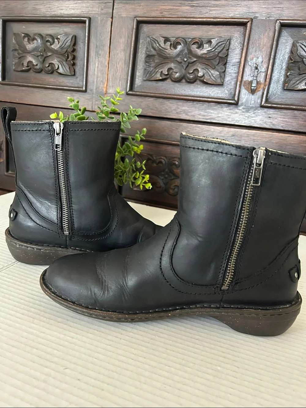 UGG Black Leather Pull-On Ankle Boots